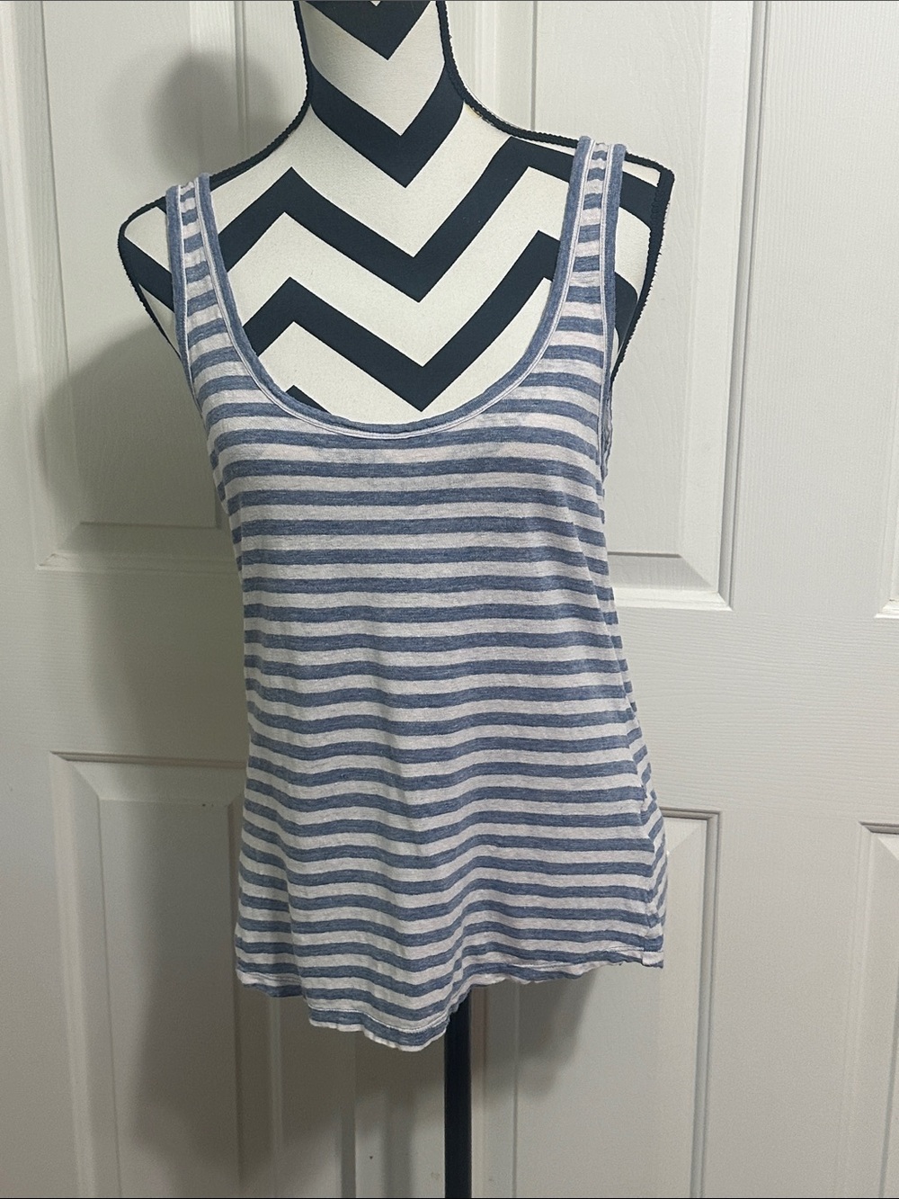 AG Adriano Goldschmied Blue & White Striped Linen Scoop Neck Tank